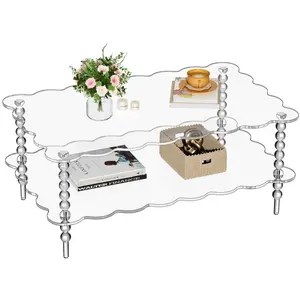 Acrylic Coffee Table Living Room Transparent Table with Beaded Legs and Scallop Edge Design for Modern Home Decor