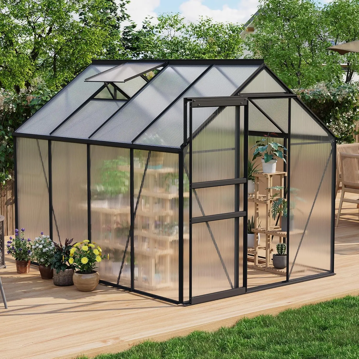 Garvee 6x8 FT Rectangular Outdoor Greenhouse Kit, 720 g/m² Polycarbonate Panels, Aluminum Frame, Sliding Door, Roof Vent for Enhanced Ventilation & Natural Light, Ideal for Backyard Gardening