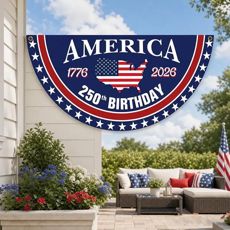 250th anniversary flag Birthday Bunting Flag, 1776 2026 USA Patriotic Half Circle Banner, American Flag Map Porch Rail Decor, 4th Of July Outdoor Yard Party Decoration