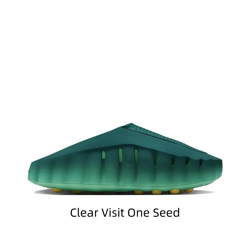 Unisex slip-on clogs, green gradient upper with side hollow openings and thick serrated sole. Breathable structure fits beach trips, home leisure and daily casual outfits.