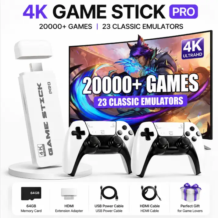 2026 Upgraded 4K Retro Game Stick Pro, 20 Emulators 2000+ Retro Games 64GB TF Card, Dual 2.4G Wireless Controllers Plug & Play TV Game Console