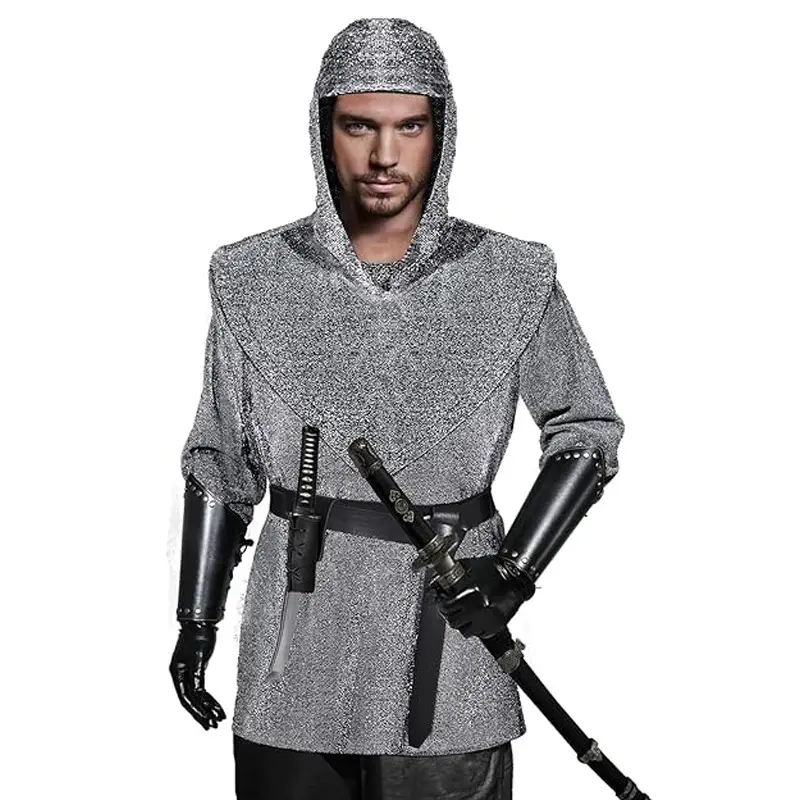 Faux Chain Mail Costume Medieval Crusader Armor Outfit Hood Cowl Shirt Tops Men's Halloween Knight Surcoat Tunic Armor For Adult