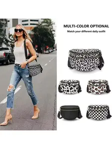 Shipping-Included Plus-Size Black and White Leopard Print Nylon Waist Bag - Spacious Gym Crossbody Bag for Essentials Storage, Multiple Compartments (Great Gift Option)