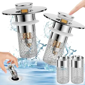 Two Sink Plugs for Bathrooms, a Pop-Up Drain Filter, a Sink Drain Filter Plug, And a Universal Drain Filter Plug with a Spring Core for Push Conversion. Size: 1.1 to 1.45 Inches, in Silver Color