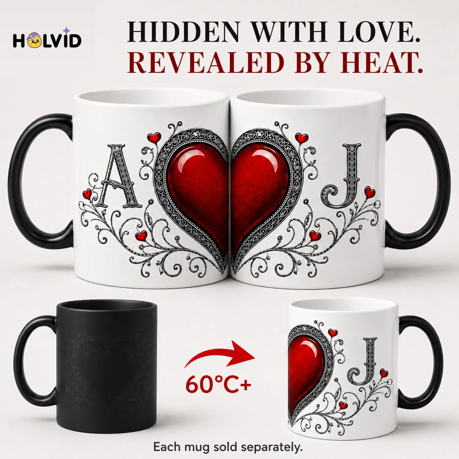 Shimmering Heart Initials A-Z Personalized Couple Mug Set, Thermosensitive Ceramic Mug, Magic Color-Changing Heart Handle Mug, Anniversary Gift for Couples, Custom Love Gift, 11 Oz sohochic