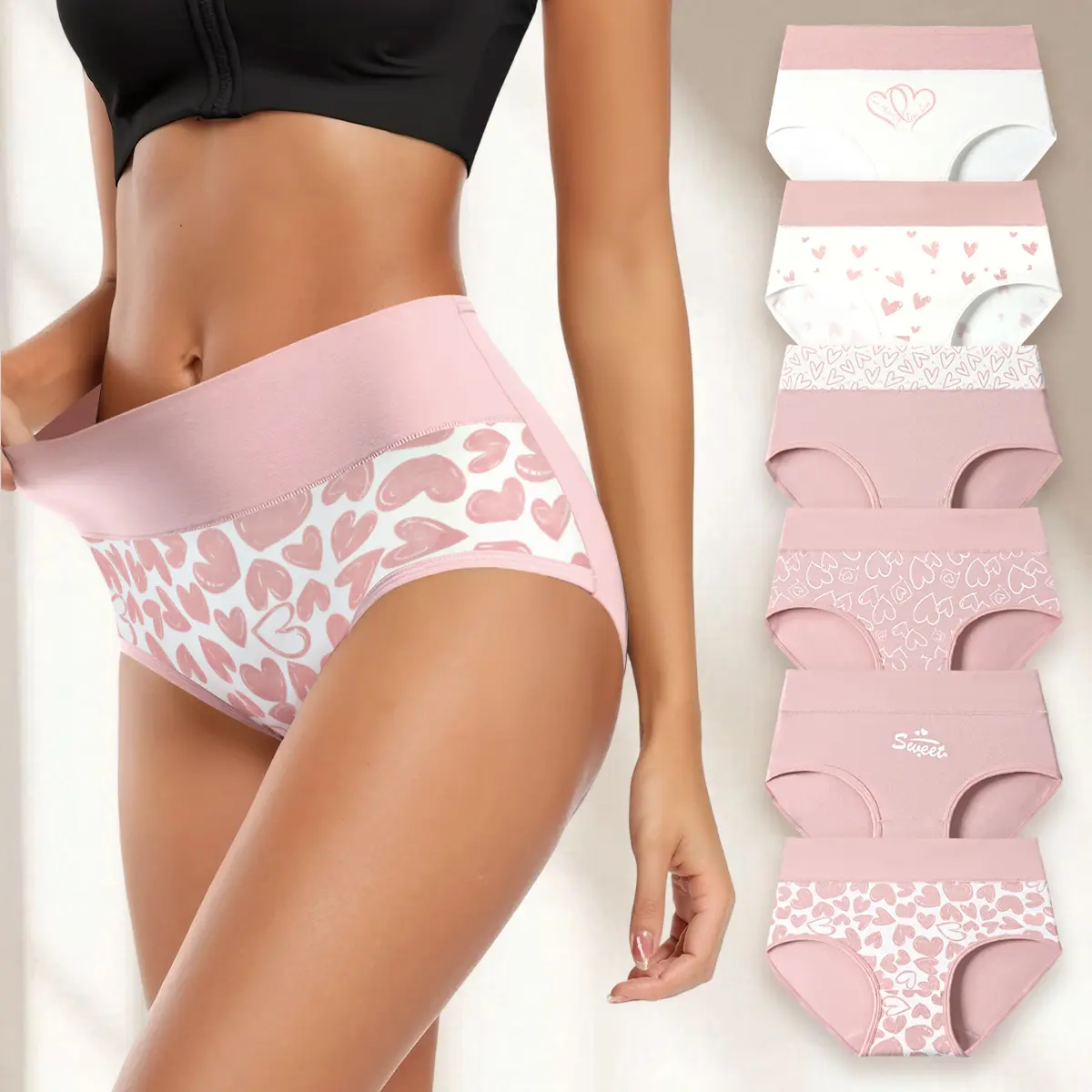 Hotcom Lady's Plus Size Pure Cotton High-Waist Full-Print Cute Briefs, 6-Pack, Soft Stretch Breathable Comfort Fabric, Pastel Colors, Everyday Summer Womenswear Underwear, Comfortable