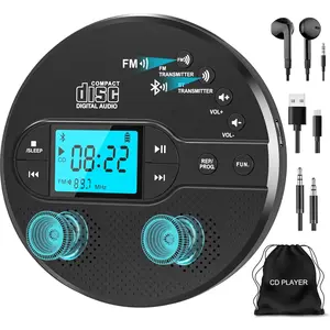 Portable CD Player with , Walkman CD Player with FM Transmitter and Speakers for , Rechargeable Discman with Anti-Skip Protection, Headphones, LCD Display (Black)