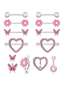 Cute Butterfly & Flower & Rhinestone Design Nipple Rings, Heart Decor Belly Ring, Body Piercing Jewelry for Women & Girls