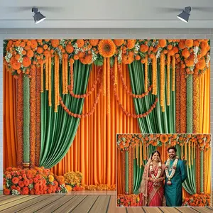 7X5ft Indian Pooja Backdrop Puja Ganpati Pooja Mehndi Festival Photography Background Marigold Drape Wedding Patry Decorations Photo Studio Props Wall Banner