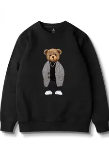 Men's Oversized Teddy Bear Graphic Sweater - Soft Round Neck Long Sleeve Cozy Winter Pullover, Black & Brown Teddy Bear Print Sweaters for Men, Machine Washable Casual Sweating for Layering, Matching Outfits & Streetwear Style - Trendy Sweater