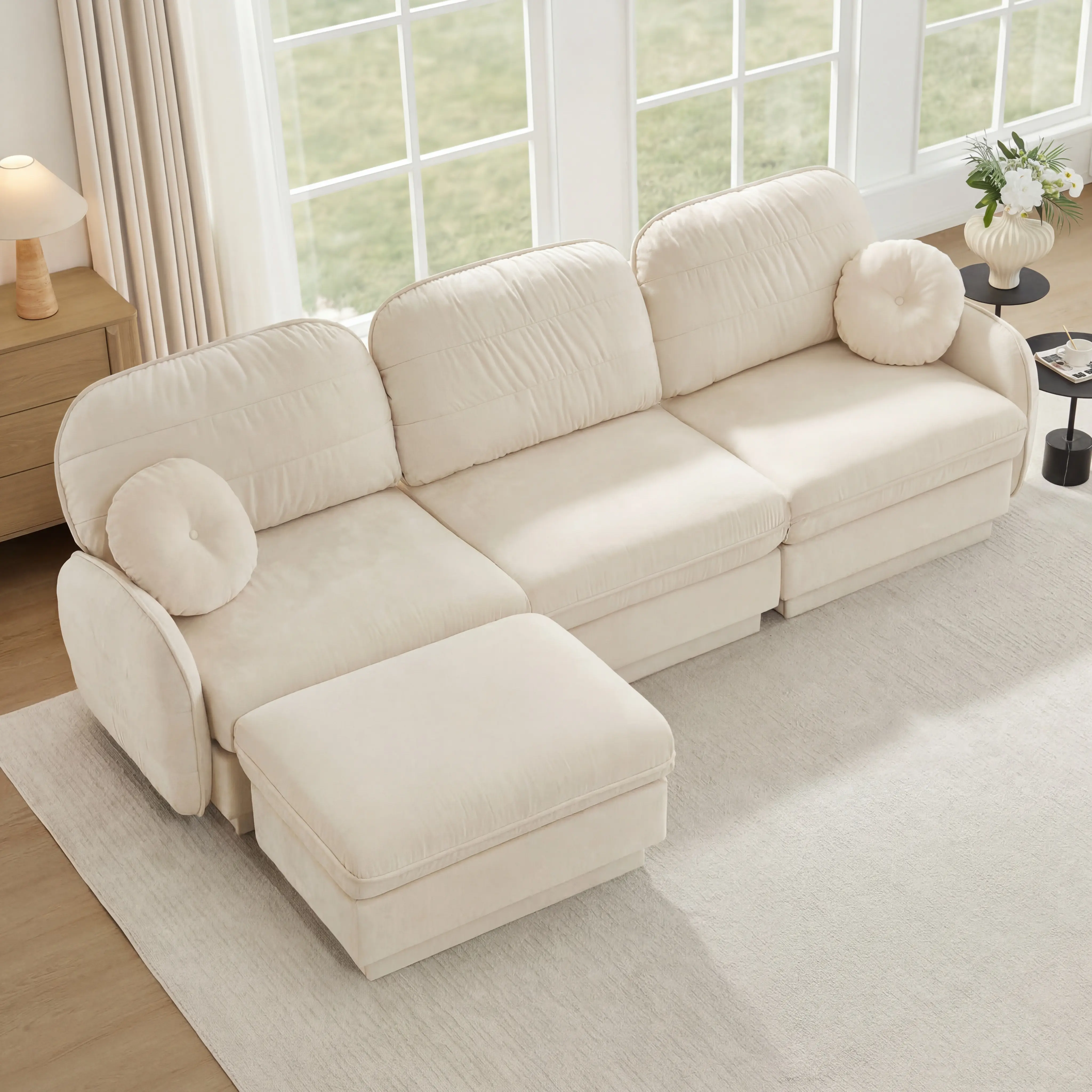 105" L-Shaped Durable Chenille Sofa Couch - Deep Seat, Extendable Movable Ottoman, Exquisite Round Pillows, Quilted Back Foam Cushions, Recessed Base Legs, Easy Assembly Required, Sturdy Comfy Living Room Sofa Set with Interchangeable Adjustable Design, L