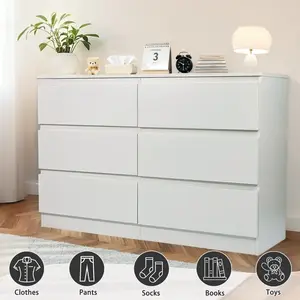 6 Drawer Dresser, Modern Dresser for Bedroom with Spacious Countertop, Wood Storage Cabinet with Concealed Handles & 6 Deep Drawers for Bedroom, Living Room, Entryway, 15.7" D x 47.2" W x 30.9", White