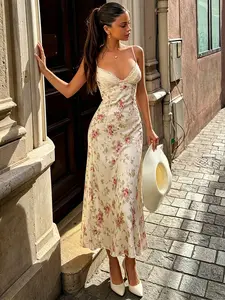 Summer Ditsy Floral Strap Long Dress Lace Patchwork Bust Elegant Fit Sexy Women's Dress Vacation Style, Stylish Chic Elegance Summer Womenswear