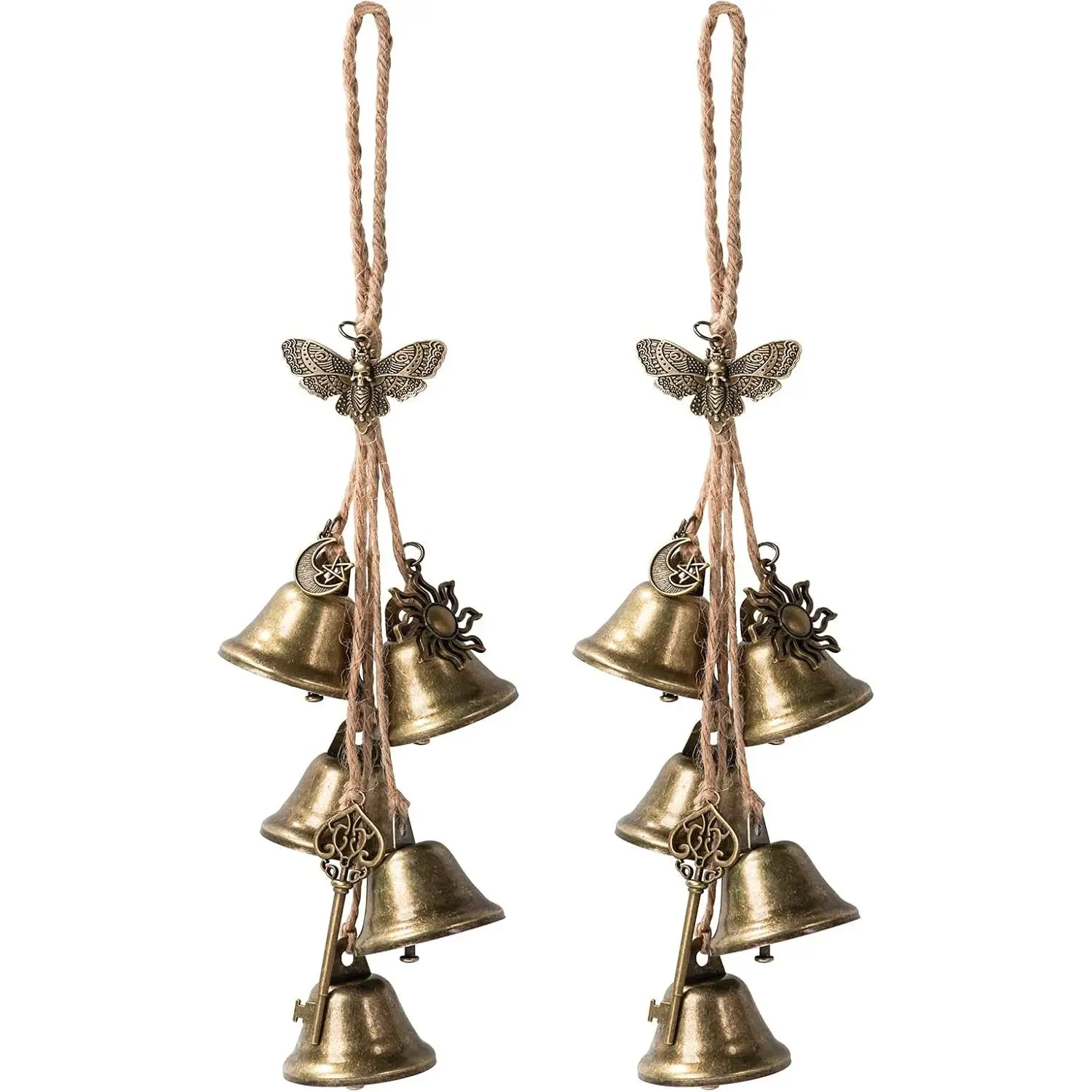 2 Pieces Handmade Brass Witch Bells for Door Knob Hanging Wicca Witchcraft Magic Wind Chimes for Protection Wreath Butterfly Vintage Bell
