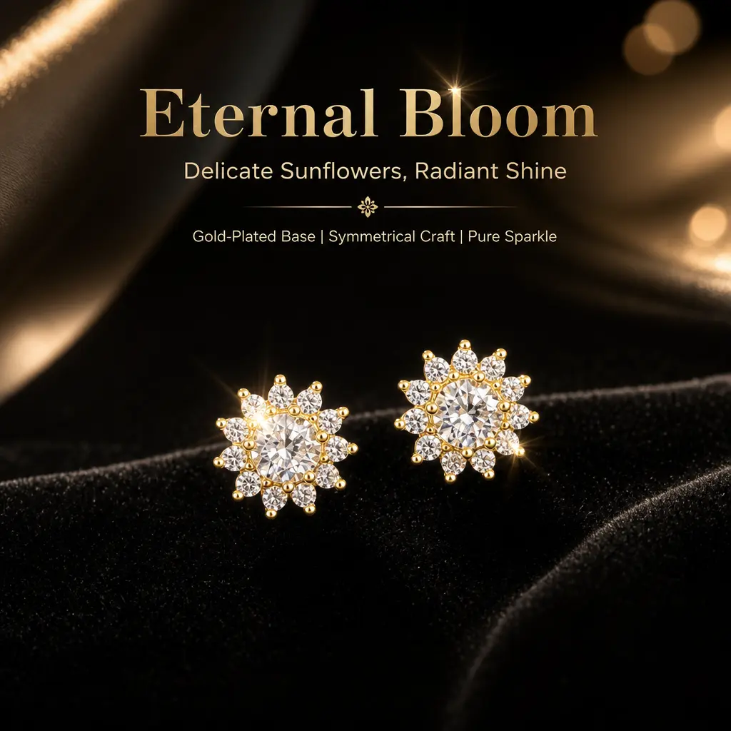 Sunflower Diamond Stud Earrings,, Gold Tone Alloy Earrings With Artificial Clear Stones For Women,Shape Halo Stud Earrings Gold Plated Alloy Inlaid Artificial Sparkling Stones Dainty Pierced Earrings Daily Wedding Party Jewelry Gift For Ladies