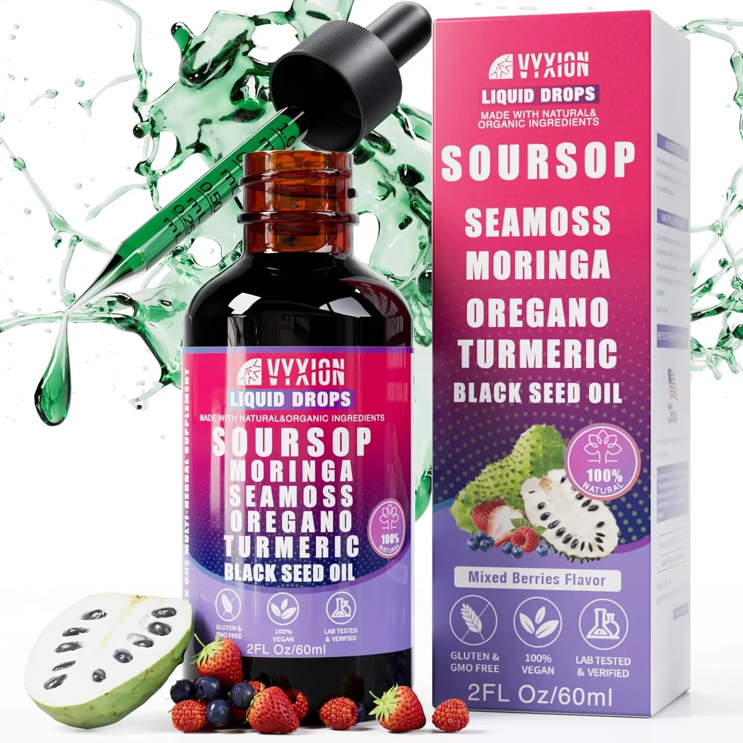 VYXION Mixed Berry Flavor Soursop Bitters Liquid Drops 10 in 1 with Sea Moss, Moringa, Turmeric, Black Seed Oil, Oregano, Ashwagandha | Herbal Extracts| 2 Fl OZ