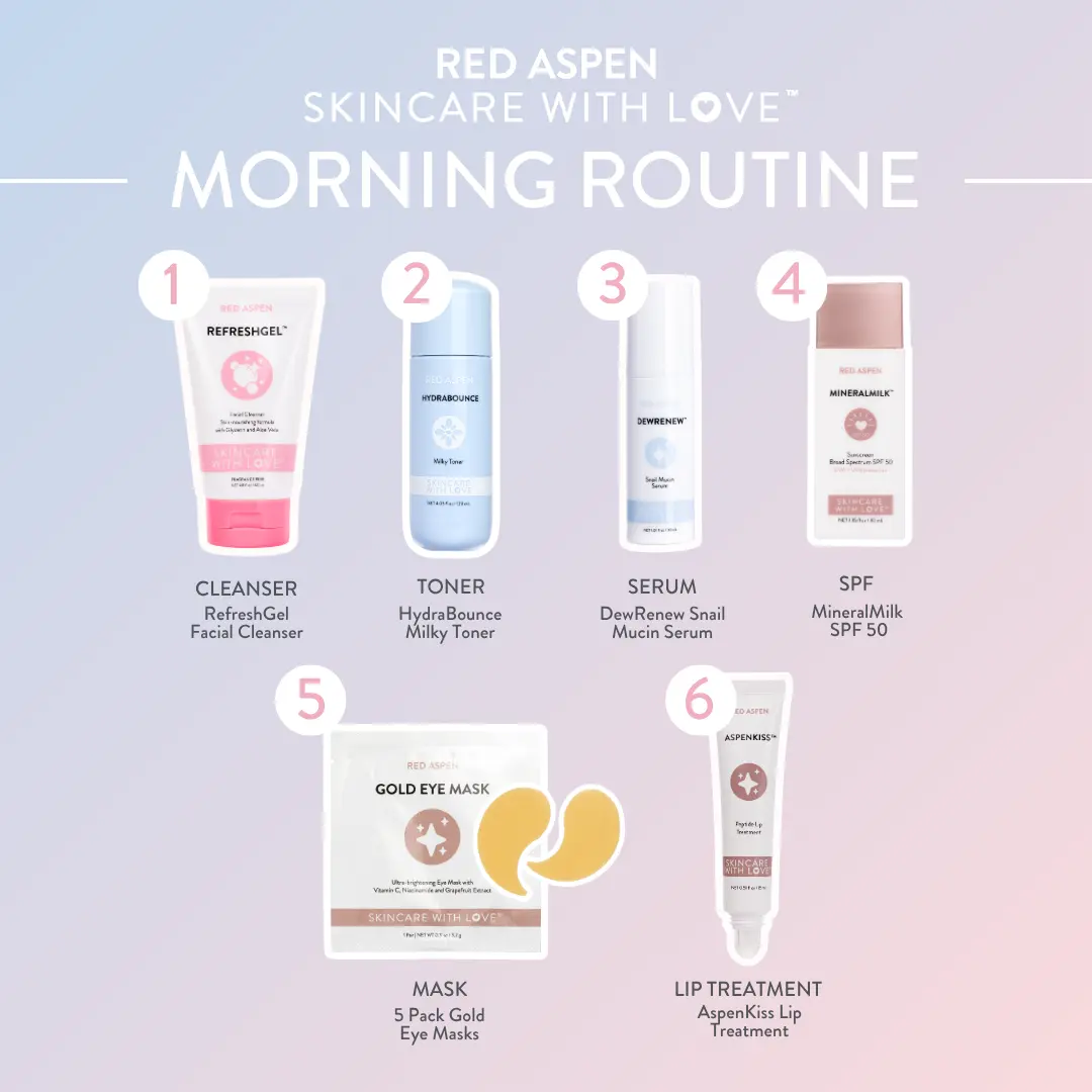 Red Aspen Complete Morning Glow Routine  6-Piece Skincare Bundle | Cleanser + Milky Toner + Snail Mucin + SPF 50 + Eye Mask + Lip Peptide