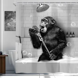 Funny Monkey Shower Curtain 72Wx72H Inch Black White Animal Chimpanzee Singing in Bathtub Men Kids Boy Shower Curtain Bathroom Set Modern Cool Waterproof Bath Decoration Accessories Home Decor