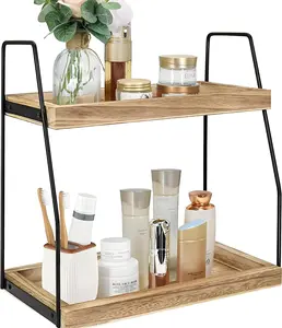 Makeup Vanity Organizer 2-Tier Moveable Desktop Storage Rack for Bathroom Mutifunctional Wooden Counter Shelf for Bathroom Kitchen Coffee Office Durable Plastic Black Buckle