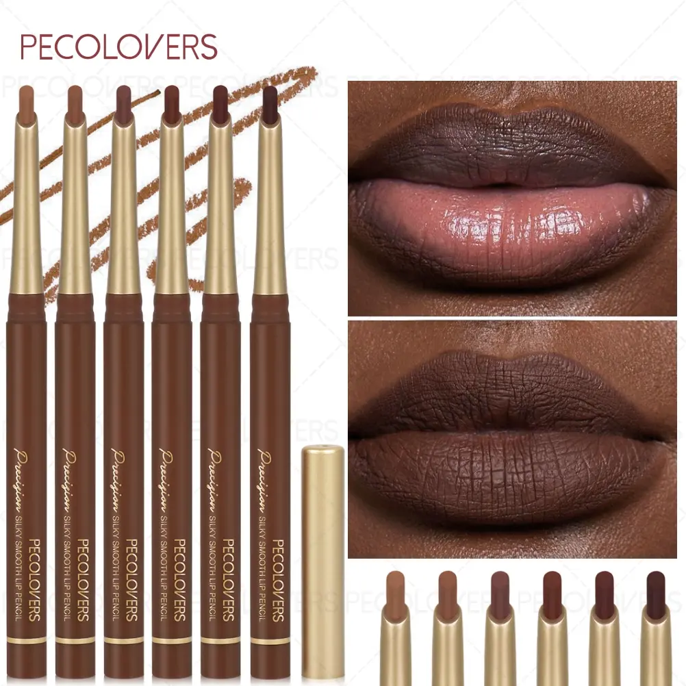 6pcs/set Brown Matte Angled Lip Liner Kit, Cosmetic Lip Liner, Lipliner, Smooth Finish, Durable and Convenient, Non-stick Cup, Suitable for Daily Makeup, Christmas Gifts
