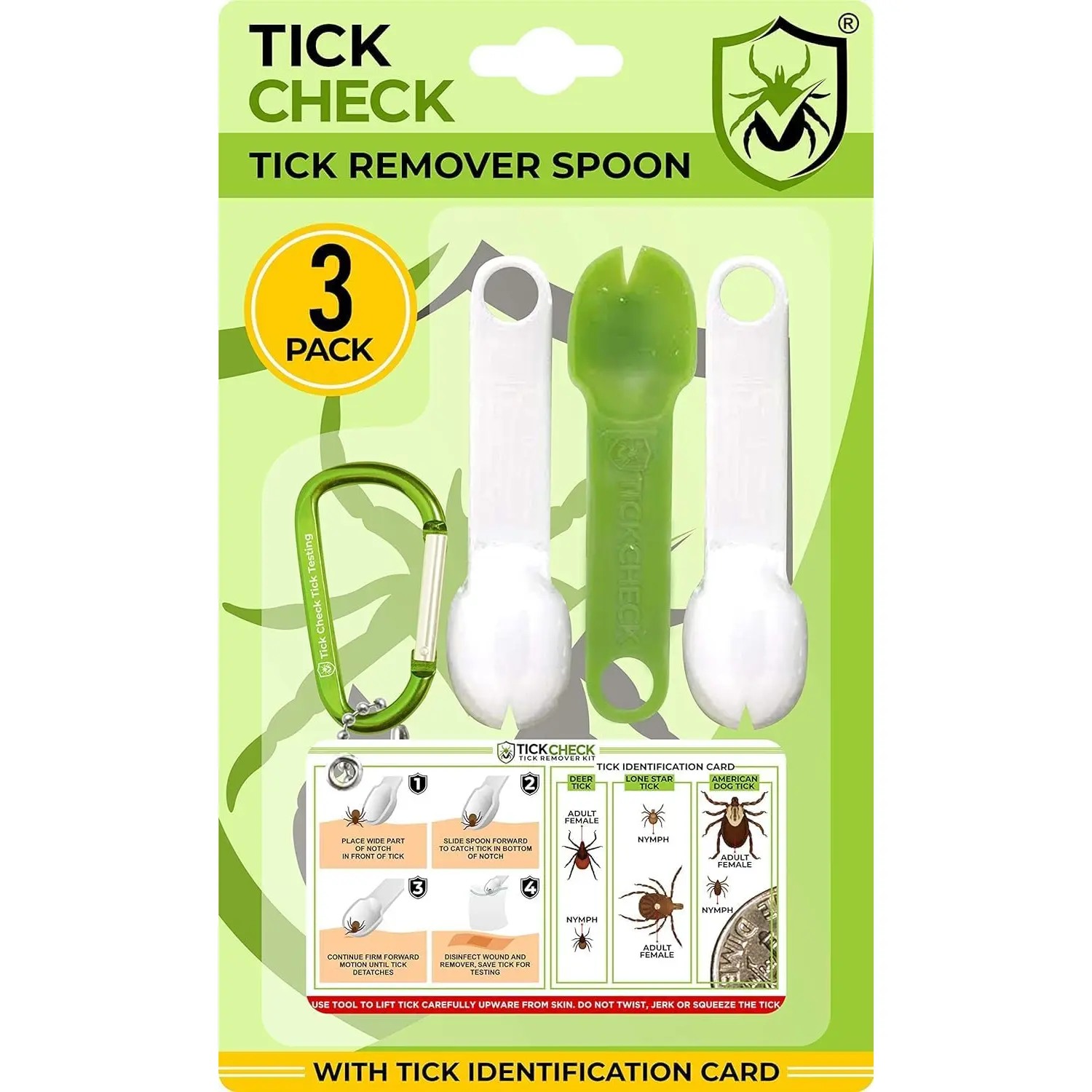 Tick Remover Spoon - 3 Pack of Lightweight Tick Remover Tools with Free Tick ID Card & Carabiner (1 Set, 3 Spoons) TickCheck