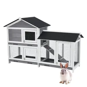 63" Indoor Bunny Cage, 3 Leak-Proof Removable Trays, Wooden Waterproof Roof, 2-Tier Rabbit Hutch & Chicken Coop, Black and White