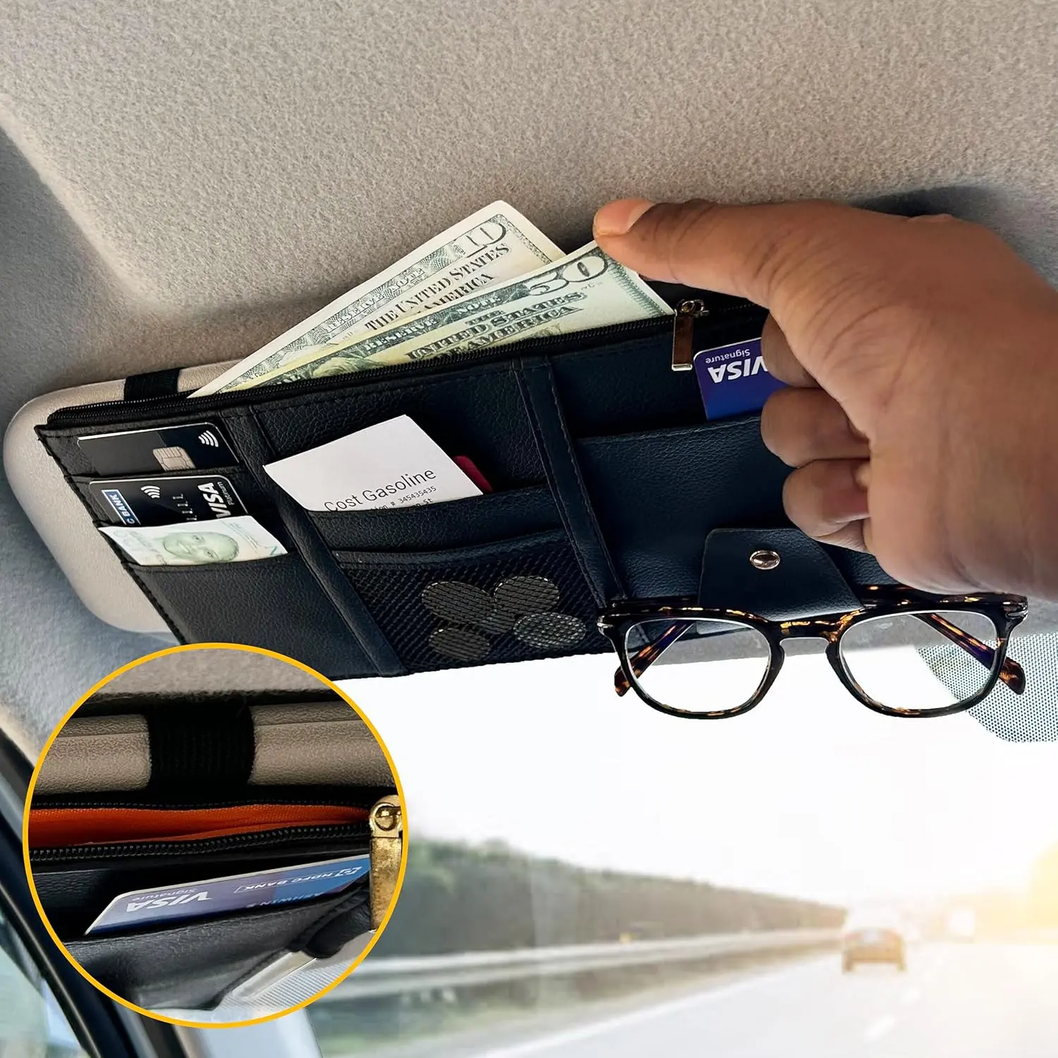 EcoNour Small Car Sun Visor Organizer - 12x6 in Car Storage Organizer Accessory with Hook Closure, Multi-Pockets for Interior Stowing & Tidying, Car Storage Organizers
