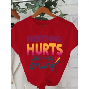 Casual Fashion Printed T-Shirt Women'S Trend Base Shirt Daily Outing Suitable for All Seasons Casual Wear Comfortable Fit Letter Women'S Funny "Everything Hurts And I'M Hungry" T-Shirt