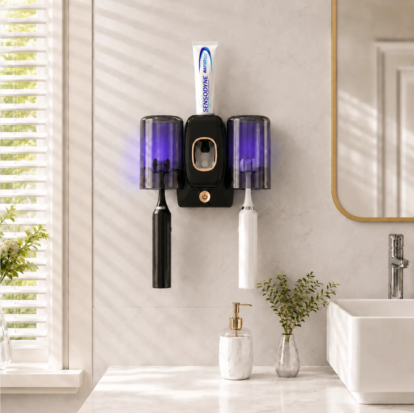 No-Drill Automatic Toothpaste Dispenser with UV Sanitizer, Wall-Mounted Bathroom Organizer & Accessory, Toothbrush Protector with 2 Dustproof Cups for Electric Oral Care Tools, Bathroom Accessory