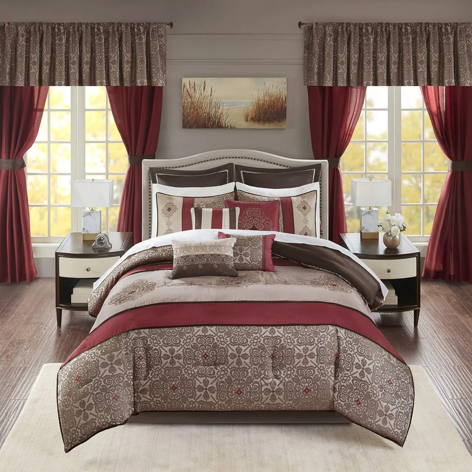 Madison Park Essentials Delaney 24-Piece Room In A Bag Comforter Set-Satin Jacquard, All Season Luxury Bedding, Sheets, decorative pillows and Curtains, Valance, Bedroom Bedding Set, Soft Bedding Set,back to school,back to school shopping,home decor