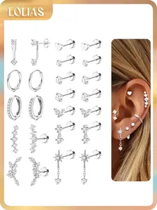 LOLIAS Hypoallergenic Flat Back Earrings-Cartilage Earring Stacks-Surgical Steel Earrings for Sensitive Ears - Small Stainless Steel Flatback Stud Hoop Earring Sets for Helix Tragus Conch Daith Multiple Piercing Jewelry Trendy