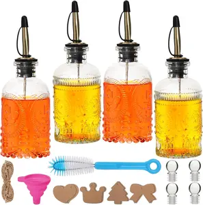 7oz Glass Coffee Syrup Dispenser, 4-Pack Complete Set with Funnel, Brush, Stoppers & Accessories - Syrup Bottles for Coffee Bar with Metal Pour Spout, Ideal for Maple,Oil, Vinegar,Cooking