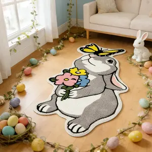 Easter rug,Flower-shaped bunny and butterfly rug,Living room and bedroom carpets,Creative Rabbit-Shaped Home Mat,Soft and comfortable welcome mat,Suitable for living rooms, kitchens, and indoor/outdoor entrances,Interior decorations, Easter gifts