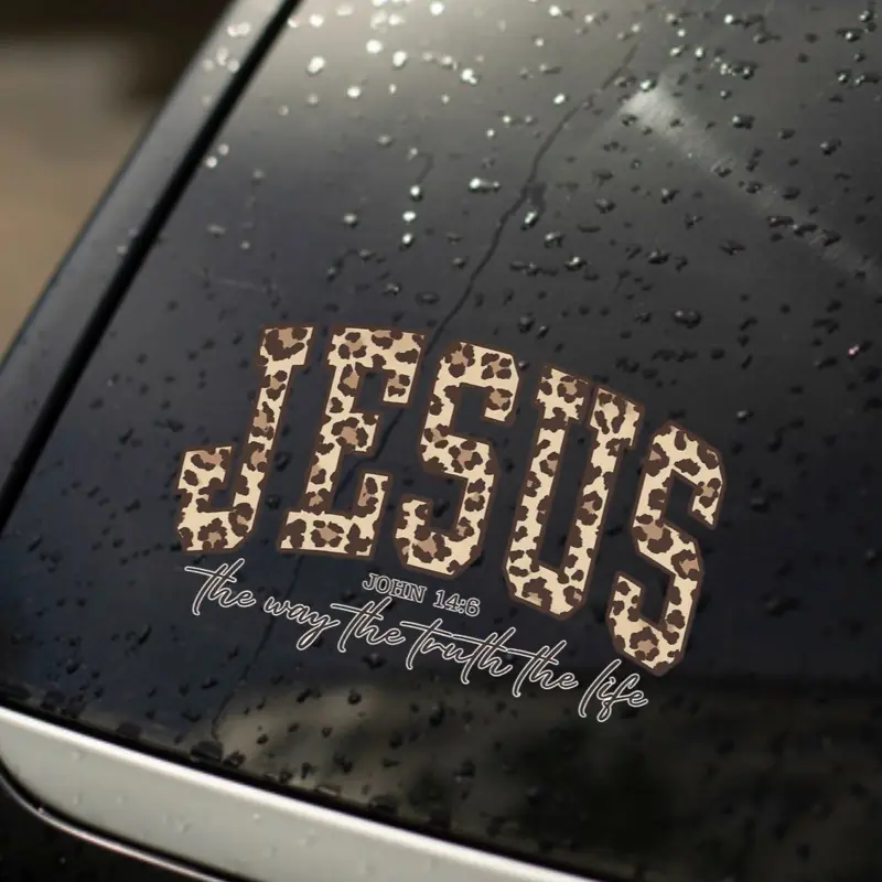Jesus the Way the Truth the Life Leopard Print Vinyl Windshield Car Window Decal - John 14:6 Inspirational Adhesive Sticker, Universal Automotive Exterior Accessory for Trucks, Adhesive Decals, Car Window Decals