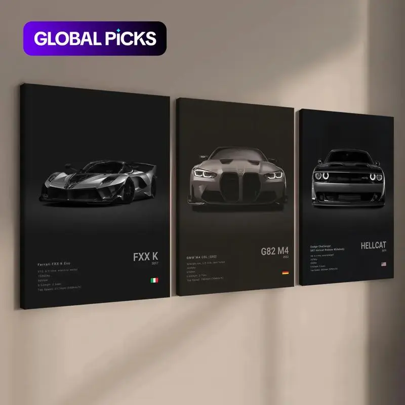 Automotive Enthusiasts' 3-Piece Wooden-Framed Supercar Canvas Prints, Home Decor Wall Art, Men's Living Room & Bedroom Gift, #GLOBAL PICKS