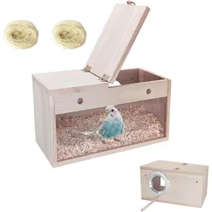 Parakeet Nesting Box, Transparent Bird Nest Breeding Box, Wood Parrot Nest Box with Perch Bird Cage House for Cockatiel Lovebirds Budgie Canary Finch(S)