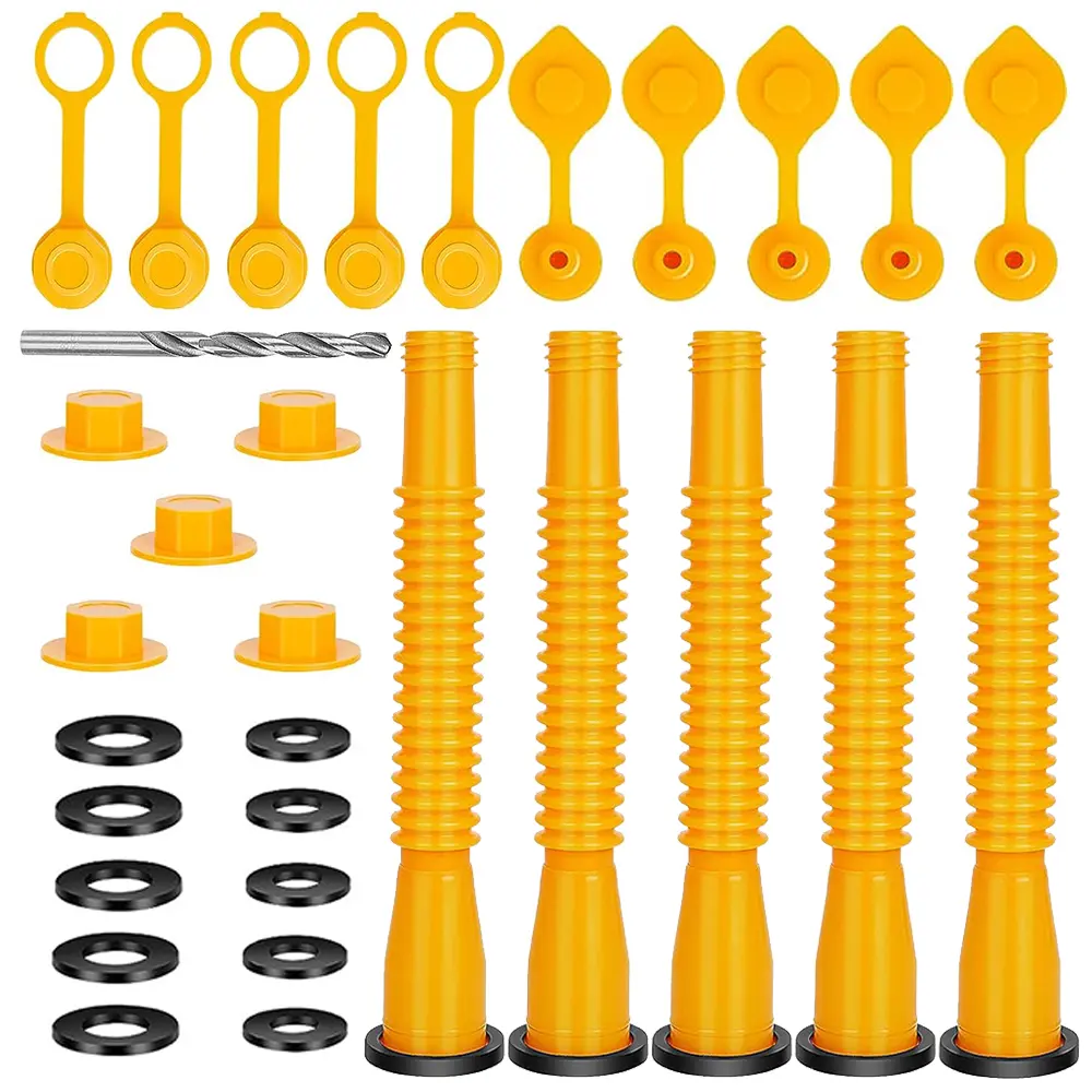 Gas Can Spout Replacement Kit - 5 HDPE Plastic Spouts Tube Set (8.1 in Length), Threaded Cap,  Leak-Proof Nozzle with Pre-Installed Gaskets, Universal Fit for 1/2/5/10 Gal Cans, Ready-to-Use Automotive Repair Accessory