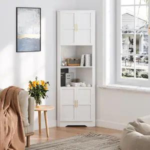 Corner Cabinet, 67'' Tall Corner Storage Cabinet with Shelves and 4 Barn Doors for Living Room, Kitchen, Bathroom, Laundry Room, White/Natural Wood