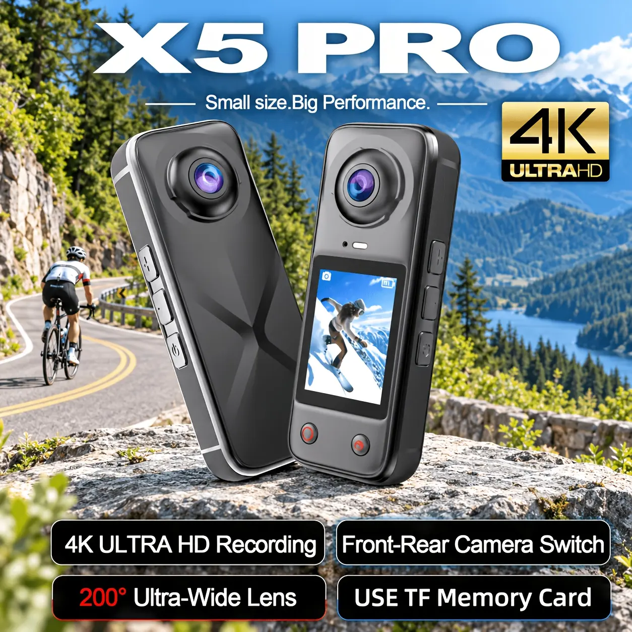 4K degree action camera with 2-inch IPS display, ultra HD panoramic sports camera featuring a 200-degree wide-angle dual front and rear lens, handheld digital sports camcorder with full accessory kit, ideal for vlogging and travel