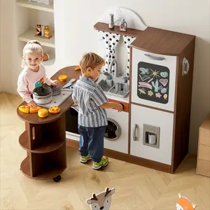 Topwin Christmas Gift Idea - Walk-in Wooden Play Kitchen Set for Toddlers with Light & Sound, Large Corner Cooking Toy & Coffee Capsule Durable