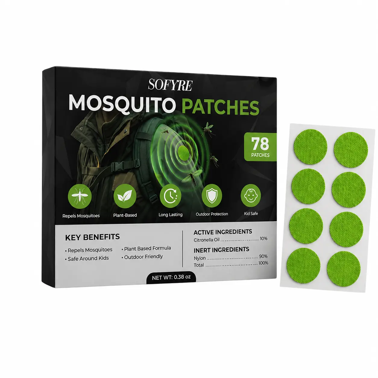 SoFyre Mosquito Patches (78 Patches) - Natural Mosquito Repellent, Kids and Pets Safe Mosquito Repellent, Easy Apply, Plant Based with Citronella Oil, DEET-Free, Mosquito Stickers