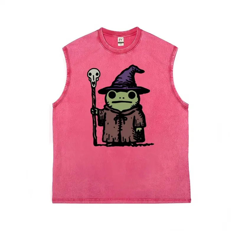 Men's "Wizard Frog" Retro Distressed Washed Pure Cotton Tank Top - Casual, Loose, Sleeveless, Breathable Streetwear Vest, Soft Fabric Mensfashion Top