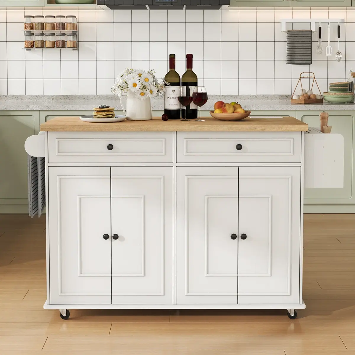 【SummerFinds】ONBRILL 58-Inch Freestanding Kitchen Island Cart - Portable Rolling Small Kitchen Island with Cabinet, Drawers, Lockable Casters, Large Capacity, Built-In Lock, Adjustable Floor Storage, Coffee Bar Furniture
