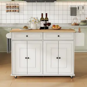 ONBRILL 58 Inch Width Kitchen Island Cart with Cabinet and Drawers, Locking Wheels