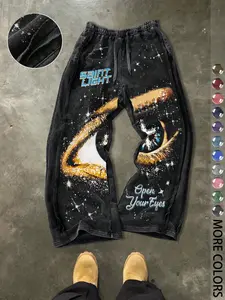 Men's Casual Loose Cotton Sport Pants, Trendy Graphic Eye Print, Drawstring Waist, Ankle Length, All Seasons, Street Style, Ideal Gift, Athleisure Style Pants
