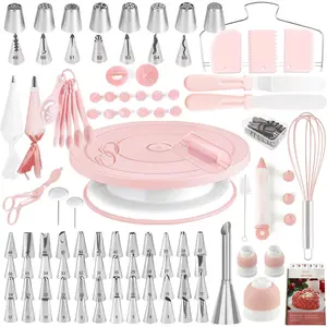 Cake Decoration Set, 137 Pieces Cake Decoration Supplies with Cake Turntable for Decoration, Pastry Decorating Pouch, Russian Nozzle Baking Tool, Cake Baking Supplies Suitable for Beginners (Light Pink)
