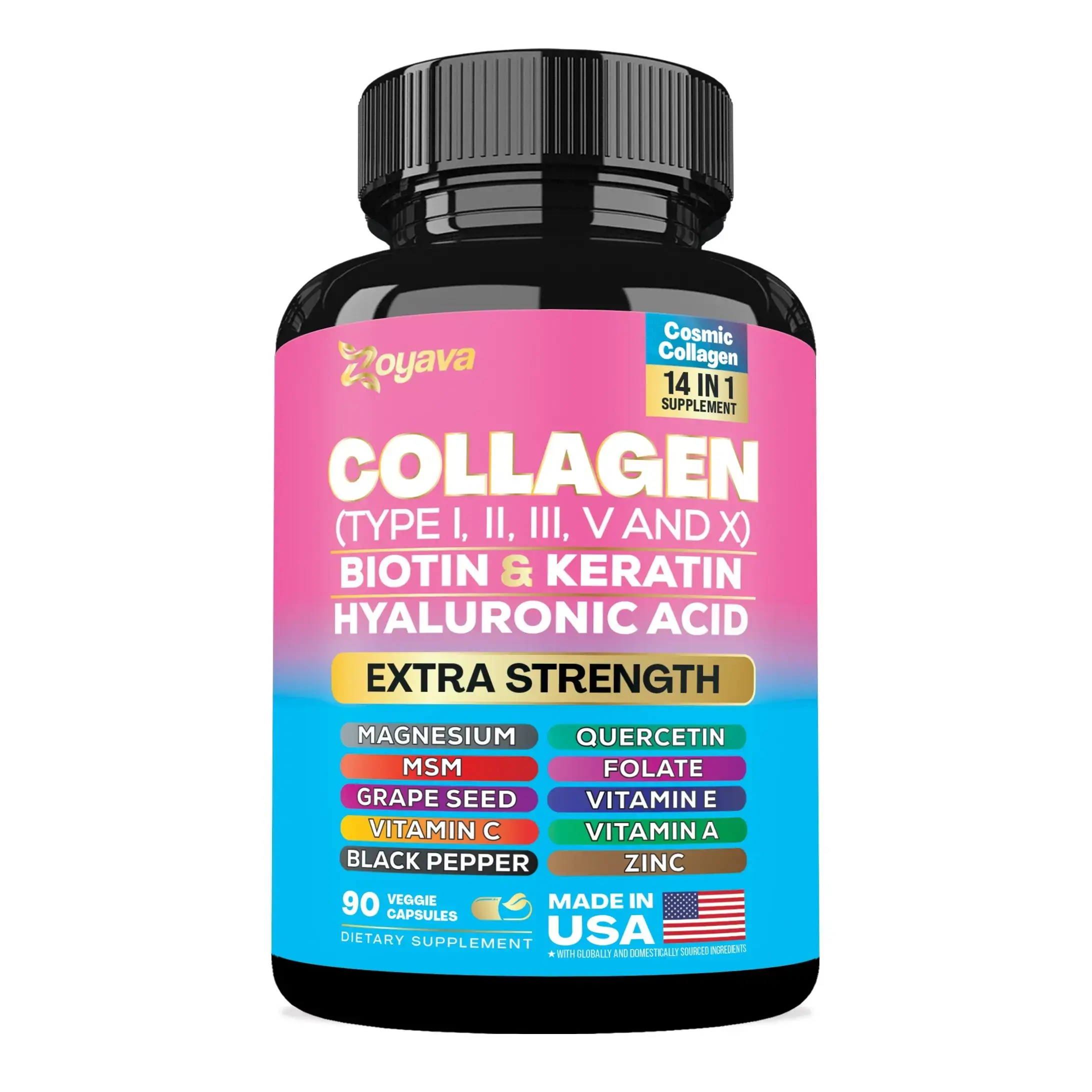 Zoyava Collagen Supplement - Type I, II, III, V and X - with Biotin, Keratin, Hyaluronic Acid & 13+ Extra Strength Ingredients for Beauty, Fitness, & Healthcare - 90 Capsules - MADE IN USA