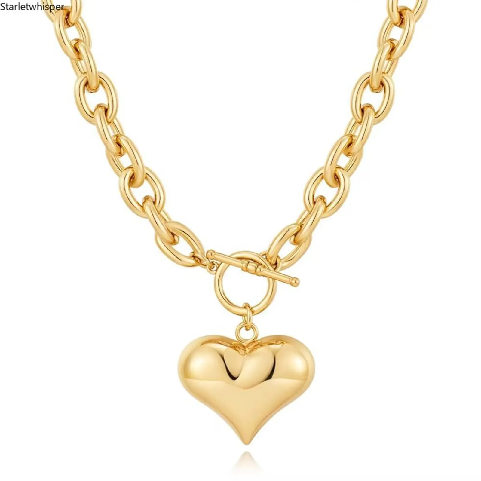 Gold Plated Chunky Chain Necklace for Women, Puffy Heart Pendant with OT Clasp, Minimalist Trendy Design, Thick Durable Chain Jewelry for Daily & Street Style Outfits