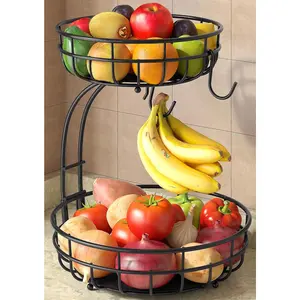 2 Tier Large Fruit Basket for Kitchen Counter with Removable Banana Hanger - Sturdy Iron Fruit Bowl for Kitchen Counter and Vegetable Holder, Fruit Holder for Kitchen Countertop, Black