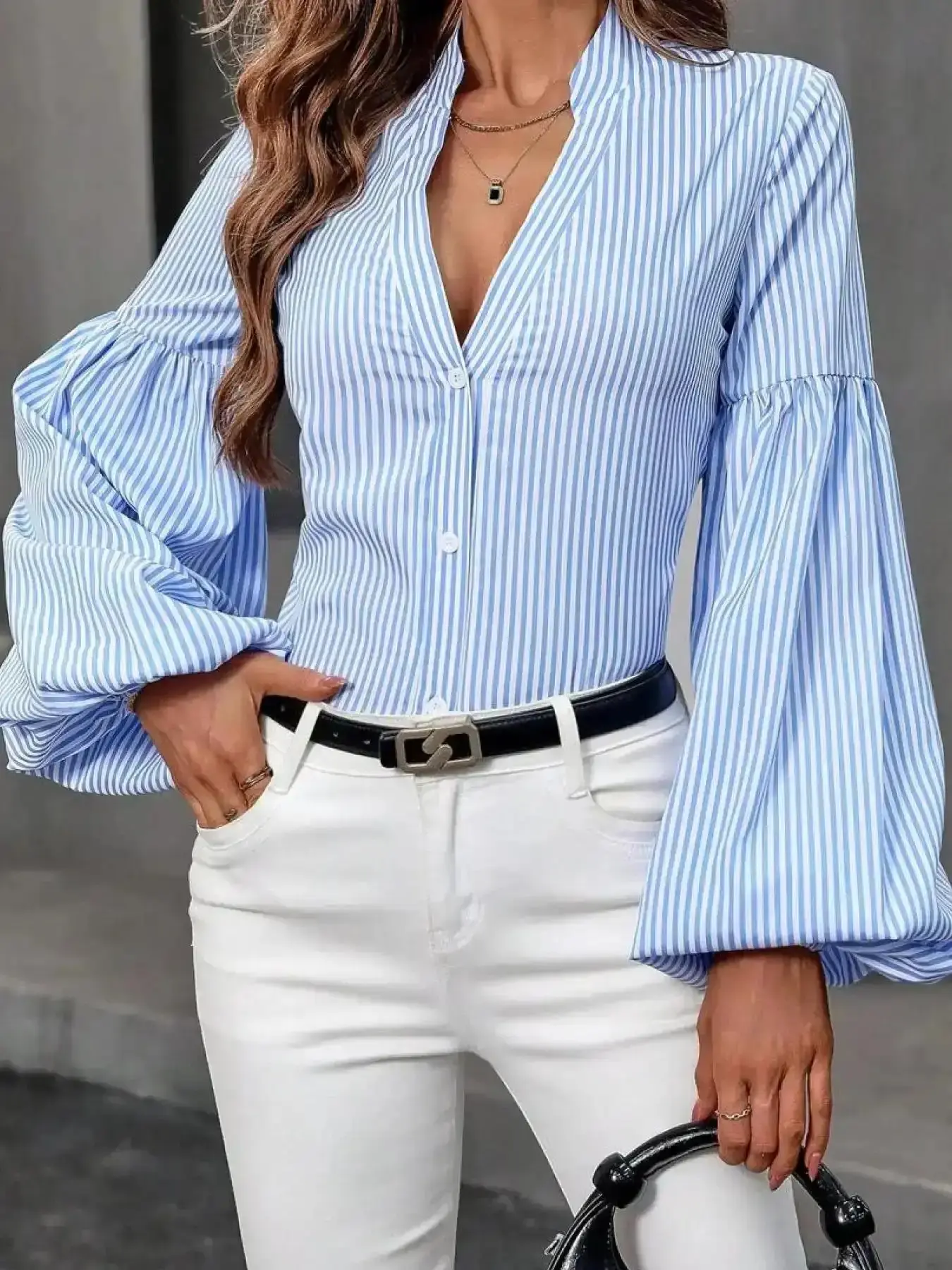 A women's puff sleeve design, Casual Classy Elegant, retro blue striped deep V-neck long blouses shirt, suitable for autumn and winter, commuter style, fashionable street tops, Everyday Top